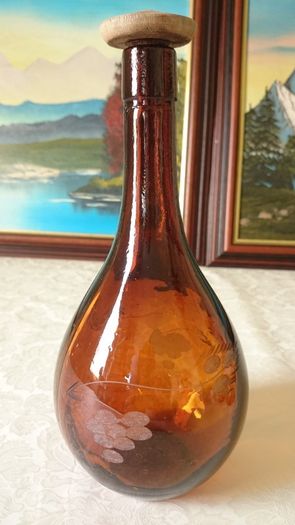 For Collectors Rare Vintage 5 Piece J. Albinana Oleria Spain Etched Amber Decanter With Matching Amber Wine Glasses Set
