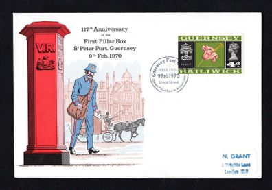 1970 Guernsey Cover celebrating 117th Anniversary of the First Pillar Box in St. Peter Port, Guernsey with 4d definitive stamps tied by  linked cancel
