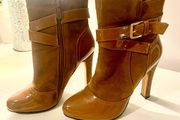 Brown faux leather vegan boots with straps size 5/ 38