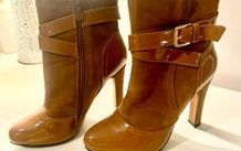 Brown faux leather vegan boots with straps size 5/ 38