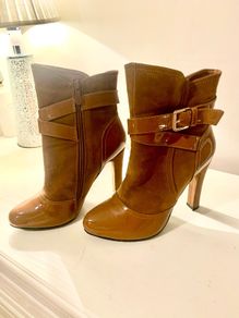 Brown faux leather vegan boots with straps size 5/ 38
