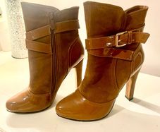 Brown faux leather vegan boots with straps size 5/ 38