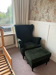 Green Velvet Wingback Armchair and Footstool - Strandmon