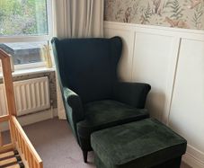 Green Velvet Wingback Armchair and Footstool - Strandmon