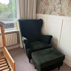 Green Velvet Wingback Armchair and Footstool - Strandmon