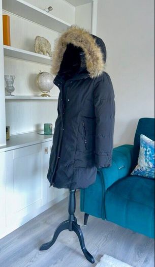 Black Hooded Long Winter Coat from Zara. Size Small UK 8 / EU 36