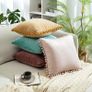 Pack of 2 Velvet Cushion Covers Soft Square with Pompoms Decorative Throw Pillowcases Home for Livingroom Sofa Bedroom 12 x 20 Inch 30x 50 cm Pink Image 3