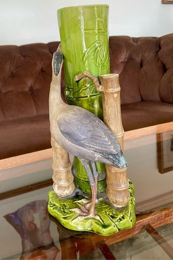Antique Art Pottery Bretby Pottery 1890s Bamboo and Stork Large Spill Vase