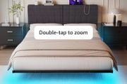 5ft King Bed Frame With USB Charging Station,Dark Grey Floating Bed Frame with Storage Headboard and LED Light,Upholstered Platform Bed Frame Double Size,Noise-Free Strong Slats