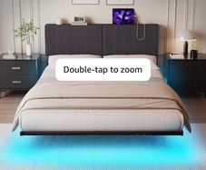 5ft King Bed Frame With USB Charging Station,Dark Grey Floating Bed Frame with Storage Headboard and LED Light,Upholstered Platform Bed Frame Double Size,Noise-Free Strong Slats