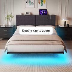 5ft King Bed Frame With USB Charging Station,Dark Grey Floating Bed Frame with Storage Headboard and LED Light,Upholstered Platform Bed Frame Double Size,Noise-Free Strong Slats