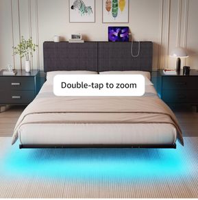 5ft King Bed Frame With USB Charging Station,Dark Grey Floating Bed Frame with Storage Headboard and LED Light,Upholstered Platform Bed Frame Double Size,Noise-Free Strong Slats