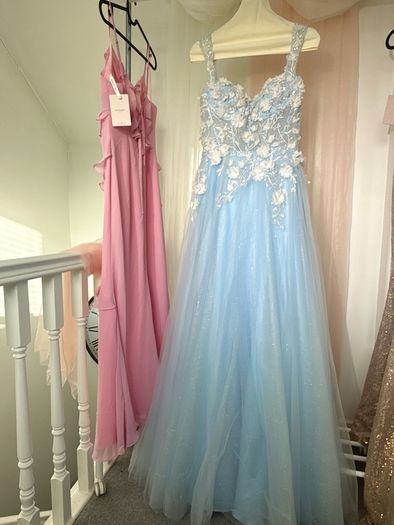 Light Blue Sweetheart 3D Floral Sequin Tulle Glitter A-Line Long Gown