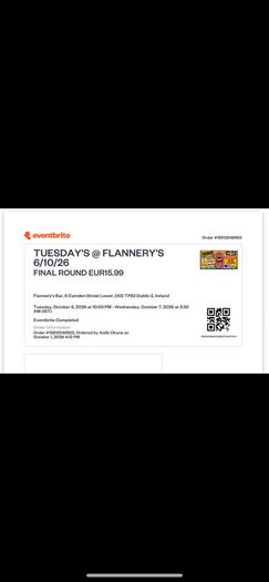 Flanneries Ticket Tuesday October 6th