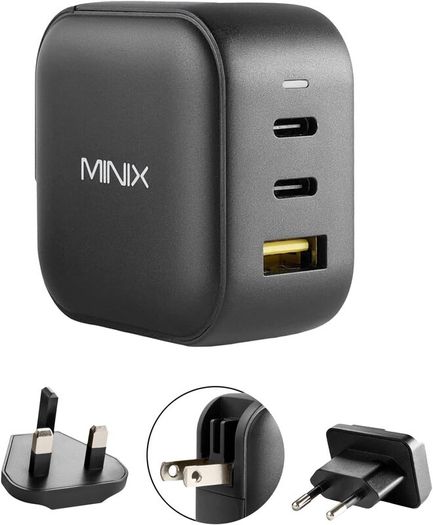 MINIX 66W Turbo 3-Port GaN Wall Charger 2 x USB-C Fast Charging Adapter, 1 x USB-A Quick Charge 3.0, Compatible with Laptop, iPad Pro, iPhone 14 Pro,Max XR XS X SE2 and More (NEO P1) - Boxed!