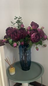 Blue Glass Face Vase & Peony Roses