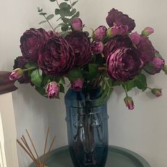 Blue Glass Face Vase & Peony Roses