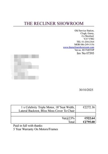 Electric Recliner - 3 Motors (See pic of original Receipt)
