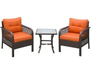 3 Pieces Rattan Bistro Set with Glass Top Coffee Table, Chairs and Cushions for Outdoor, Patio, Balcony, Orange