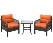 3 Pieces Rattan Bistro Set with Glass Top Coffee Table, Chairs and Cushions for Outdoor, Patio, Balcony, Orange