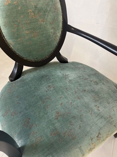 Verdant Halo Armchair in Distressed Teal Velvet with Sculpted Ebony Frame
