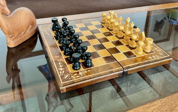 Vintage Decorative Foldable Chessboard with Hand Carved Detail and Chess Pieces 26 cm Square