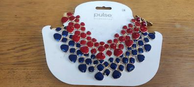 Costume Gold Tone Blue and Red Enamel Bib Necklace