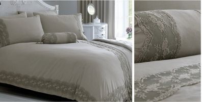 Gretta Embellished Lace Border Grey Bedspread & 2 Housewife Pillow Cases