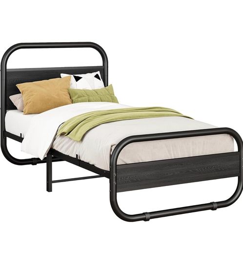 Single Bed Frame with Headboard, Black Single Bed 90x190 cm