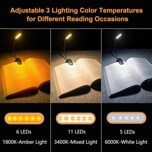 Book Light Rechargeable 11 LED Reading Light Clip on Book 3 Eye Protecting Modes and Touch Control Stepless Dimming long Battery Life, 360 degree Adjustable Book Lamp for Reading at Night for Readers