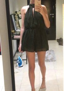Green textured halter neck playsuit