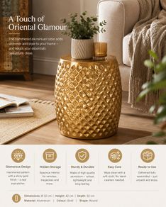 Gold Hammered Aluminium Side Table Round Accent Table, Coffee Table & Storage Stool for Living Room