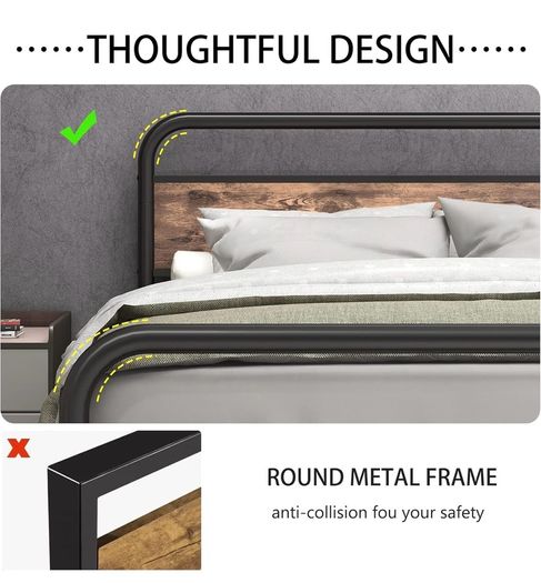 King Size Bed Metal Platform Bed Frame with Wood Headboard