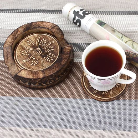 Handmade Wood Drink Coasters Set of 6 in a Lotus Shaped Holder with Rustic Design- 5"
