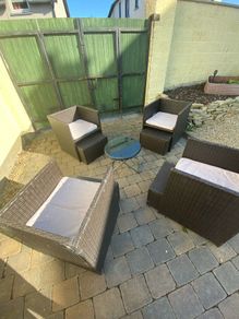 Rattan Garden Chairs with footstool & table.