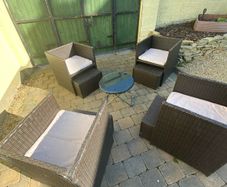 Rattan Garden Chairs with footstool & table.
