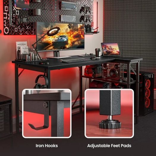 L Shaped Gaming Desk with Power Outlets, 120x70cm Computer Table Small Corner Desk with Large Reversible Storage Shelves, Home Office PC Workstation with Hooks for Writing Study, Black