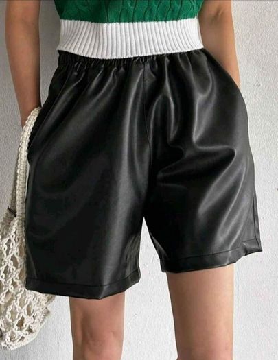 Elastic waist black PU leather shorts size S