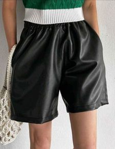 Elastic waist black PU leather shorts size S
