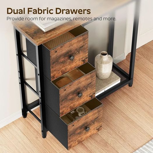 Slim Console Table, Sofa Table with 3 Fabric Drawers, Hallway Table with 2-Tier Storage Shelf, Industrial Storage Table, for Entryway, Living Room, Corridor, Rustic Brown and Black