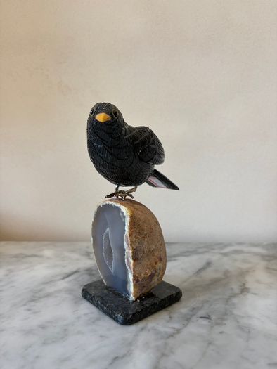 Hand-Carved Gemstone Blackbird on Crystal Geode Base
