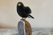 Hand-Carved Gemstone European Blackbird on Agate Geode Base