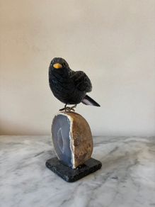 Hand-Carved Gemstone European Blackbird on Agate Geode Base