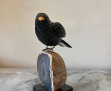Hand-Carved Gemstone European Blackbird on Agate Geode Base