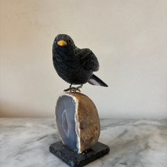Hand-Carved Gemstone European Blackbird on Agate Geode Base