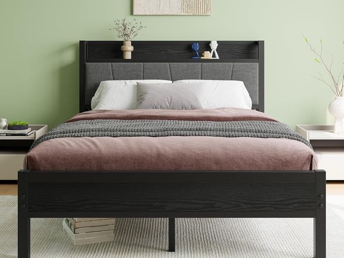 Double Bed Frames with Wooden Storage Headboard,Heavy Duty Metal Upholstered Platform Bed Frame