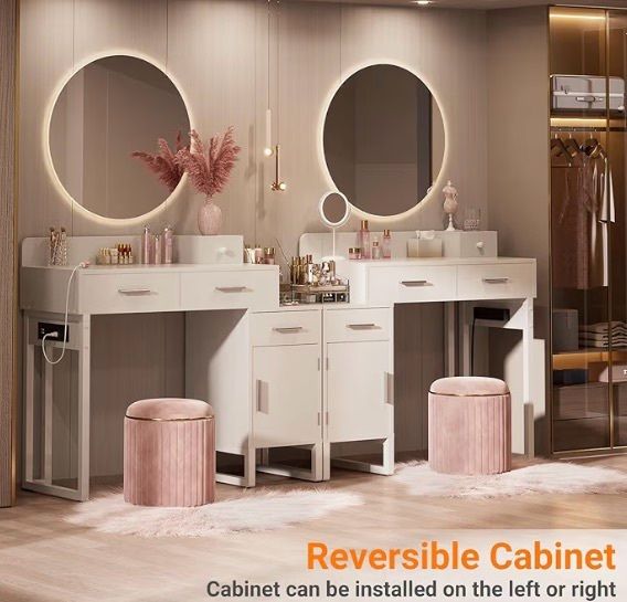 Dressing Table Vanity Desk with 4 Storage Drawers - Modern Makeup Desk with Charging Station, Vanity Desk with Reversible Cabinet Table Set with Divided Organizers for Women Girls