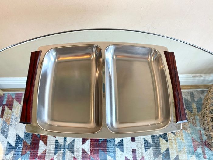 Mid Century Steel & Rosewood Serving Platter, Hong Kong, Vintage Danish Style