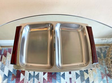 Mid Century Steel & Rosewood Serving Platter, Hong Kong, Vintage Danish Style