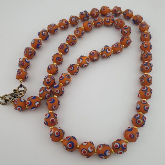 Antique Venetian Style Skunk Eyes Orange Glass Beads Necklace
